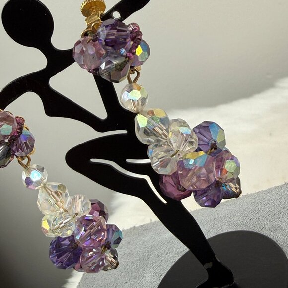 Vintage Vendome Purple & Clear Glass Bead Dangle & Drop Screw/Clip Earrings Gold - Picture 3 of 16